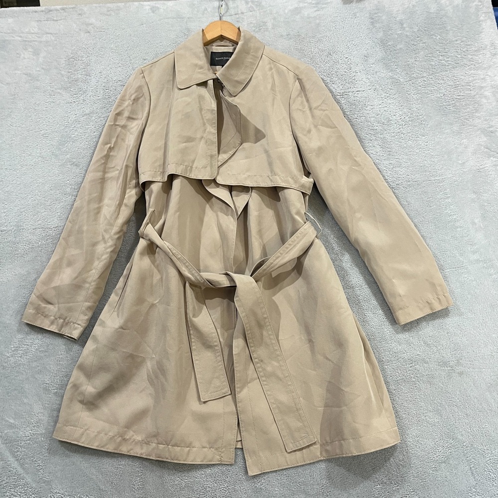 Banana Republic Trench Coat Womens Large Jacket Beige Belted Preppy Tencel